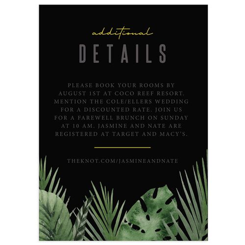 Tropical Leaves Wedding Event Detail Cards Midnight Signature