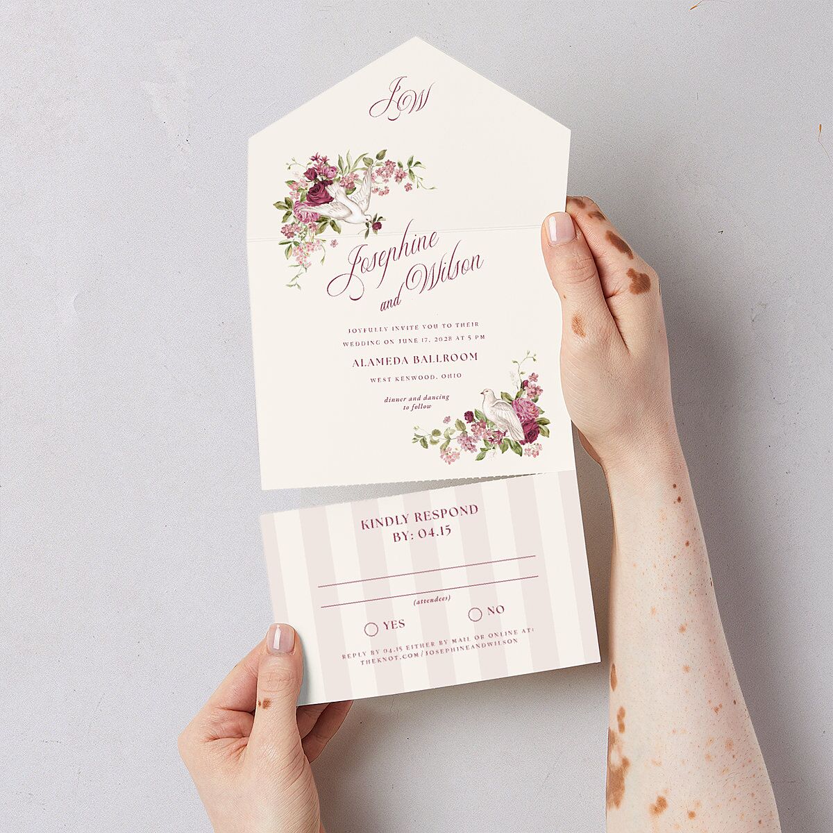 Vintage Love Doves All-in-One Wedding Invitations Shell Pink Signature Light Both Recipient and Return Addresses No