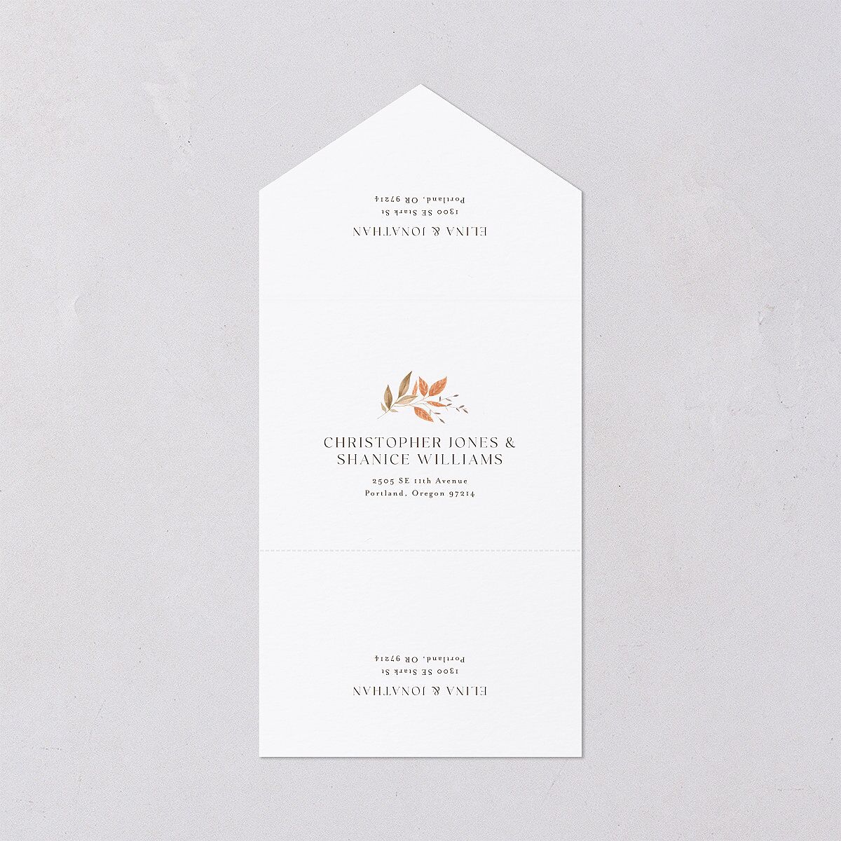 Leafy Rustic Monogram All-in-One Wedding Invitations Raw Sienna Signature Light Both Recipient and Return Addresses No