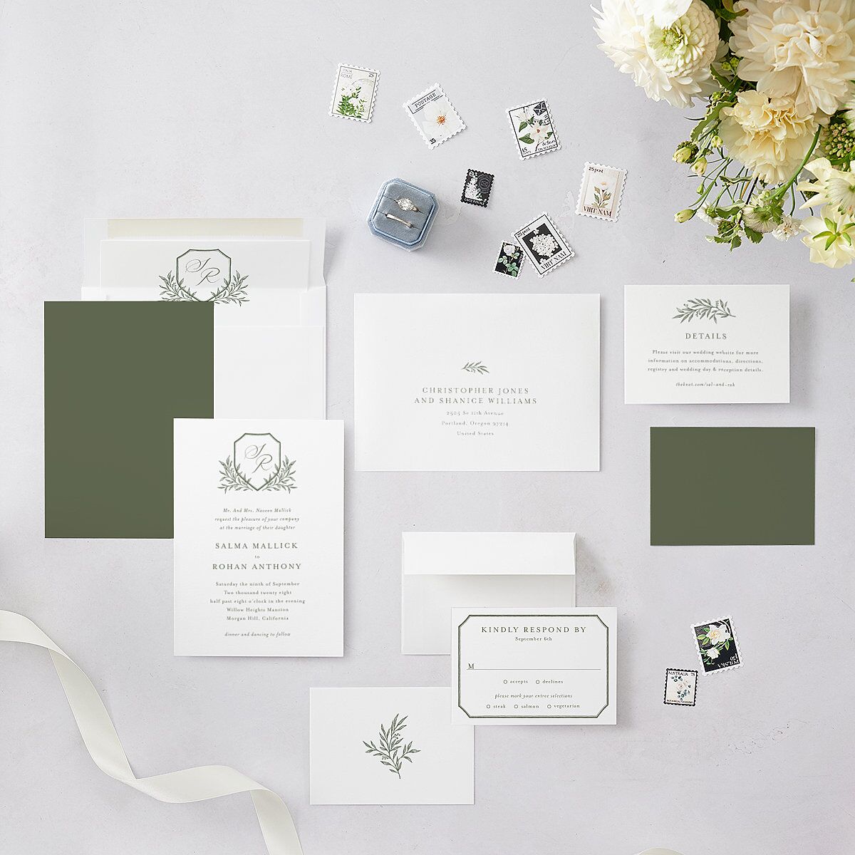 Classic Crest Wedding Invitations Deep Olive Signature Blank No Standard