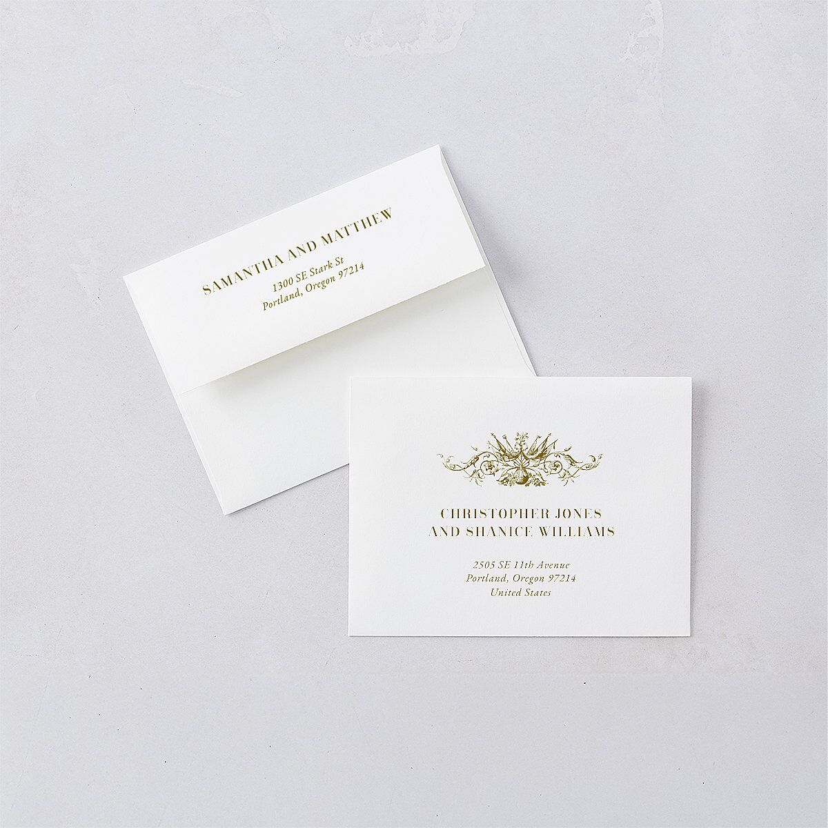 Ornate Vintage Crest Thank You Card Envelopes White Umber Both Recipient and Return Addresses Signature Standard