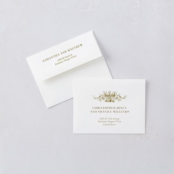 Ornate Vintage Crest Thank You Card Envelopes White Umber Both Recipient and Return Addresses Signature Standard