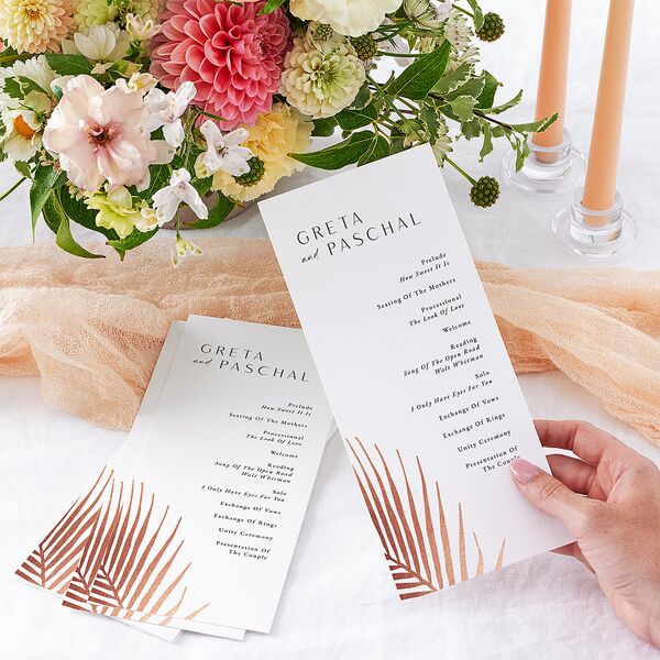 Lavish Palm Wedding Programs Rose Gold Pure White Signature