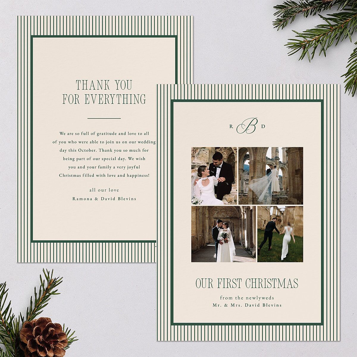 Classic Monogram First Christmas Holiday Cards Dark Emerald Signature Blank Standard