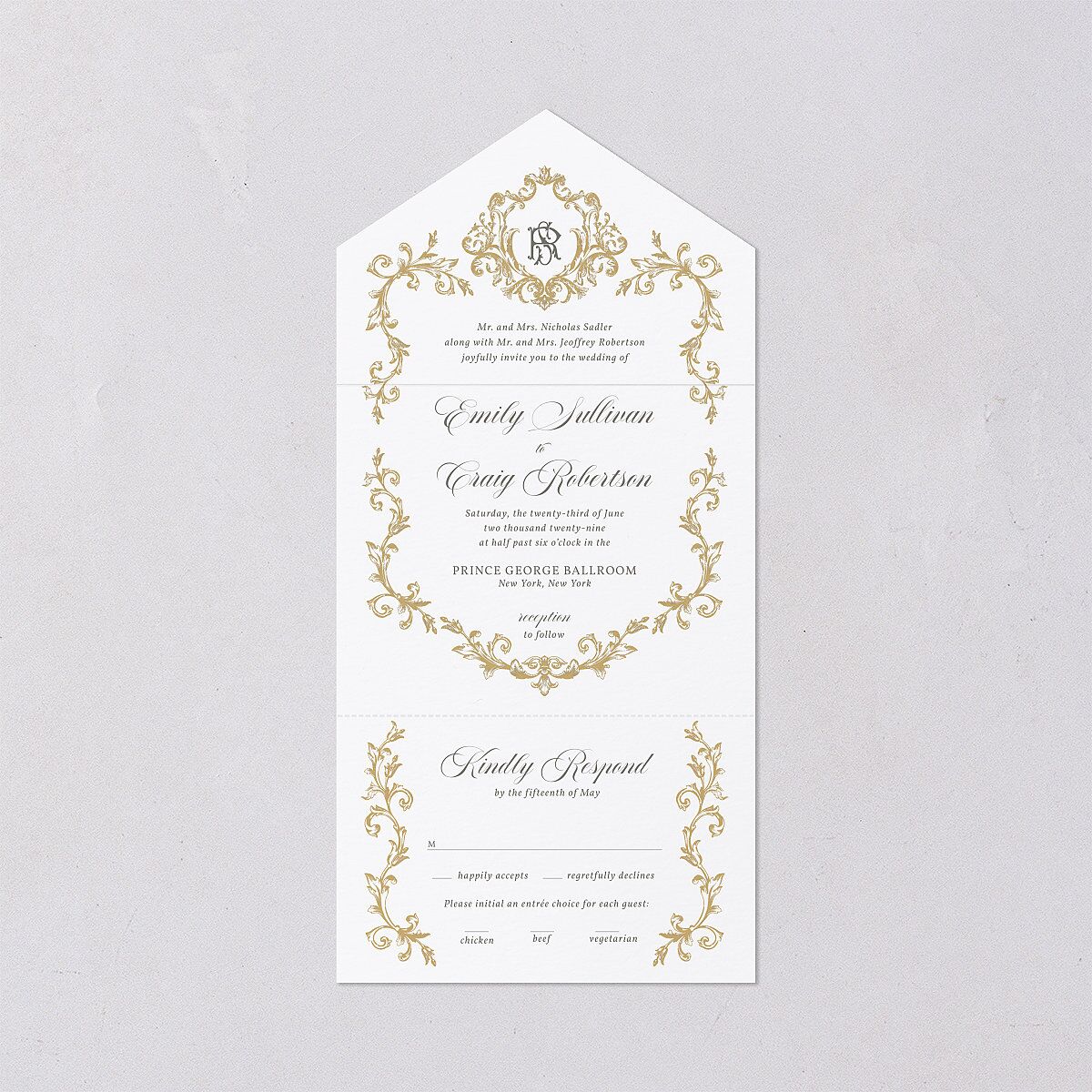 Vintage Regency Monogram Frame All-in-One Wedding Invitations Pure White Signature Light Both Recipient and Return Addresses No