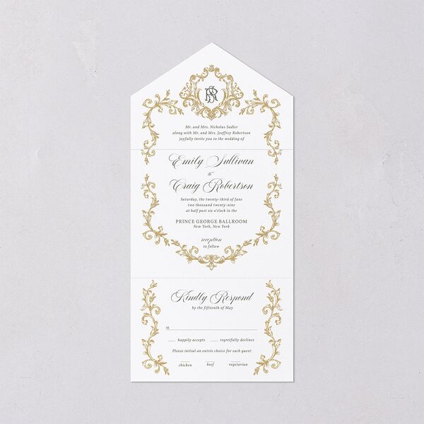 Vintage Regency Monogram Frame All-in-One Wedding Invitations Pure White Signature Light Both Recipient and Return Addresses No