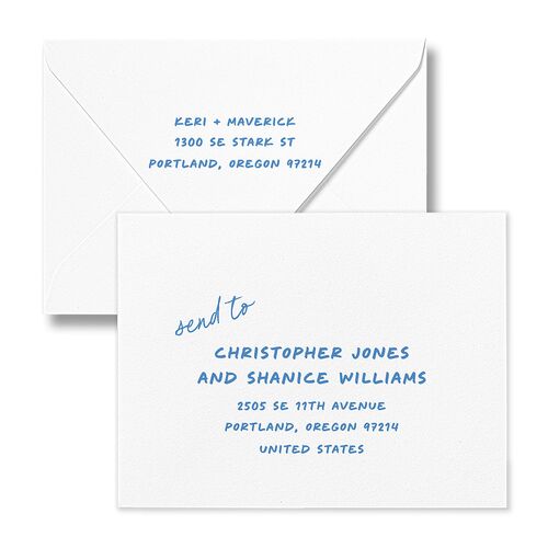 Modern Writing Save the Date Magnet Euro Envelopes White Sea Blue Both Recipient and Return Addresses Luxe Signature