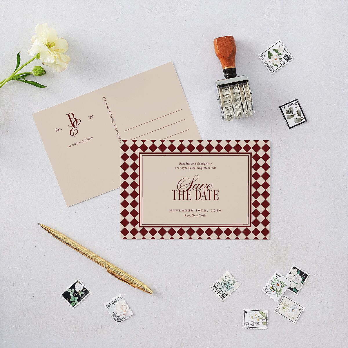 Elegant Diamond Pattern Save the Date Postcards Burgundy