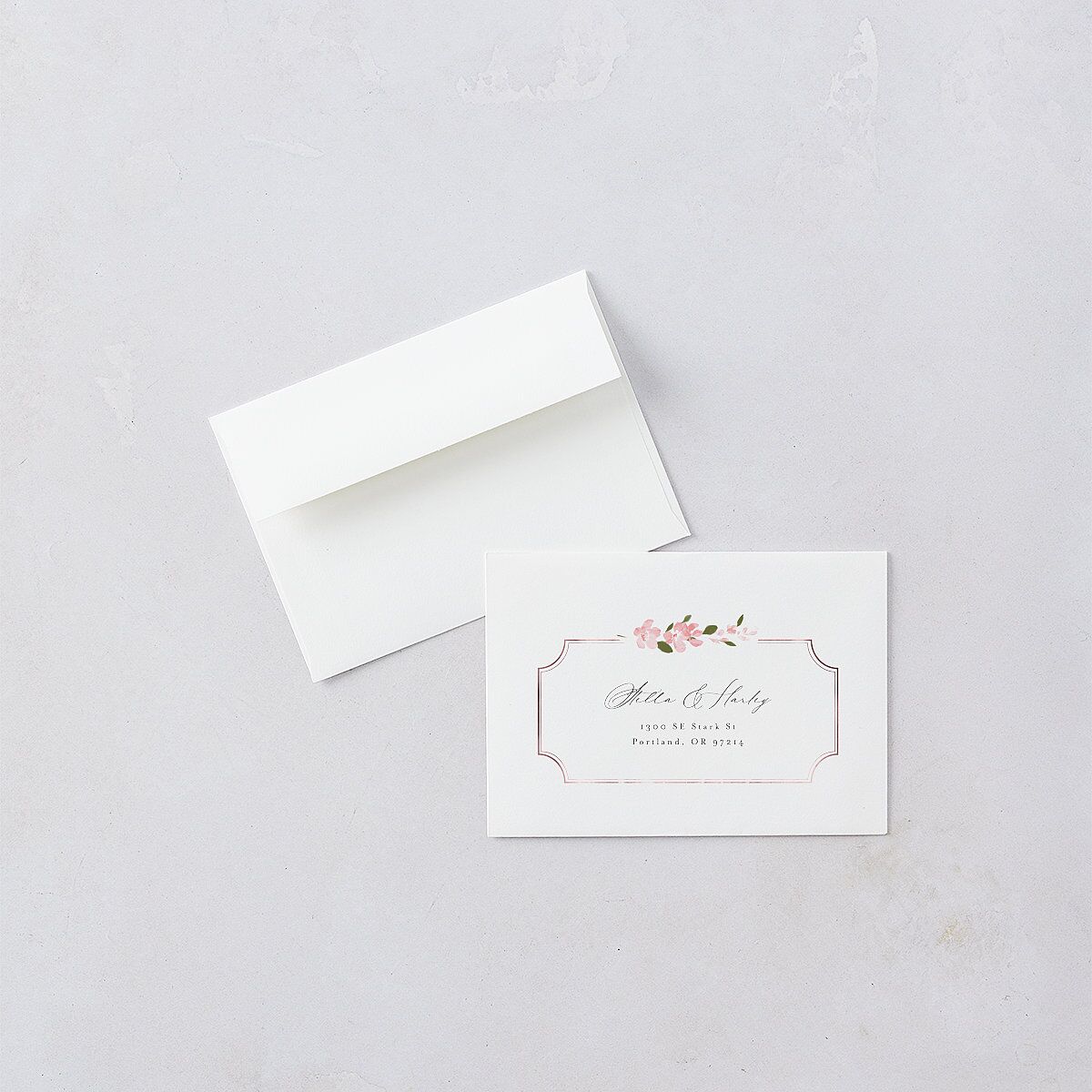 Delphinium Crest Response Card Envelopes White Shell Pink Return Address Signature Standard