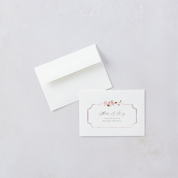 Delphinium Crest Response Card Envelopes White Shell Pink Return Address Signature Standard