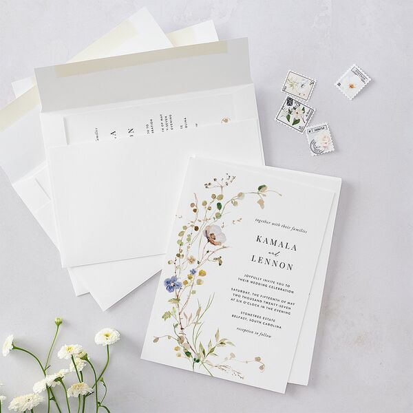 Glistening Wildflower Wedding Invitations Gold Pure White Signature Blank No Standard