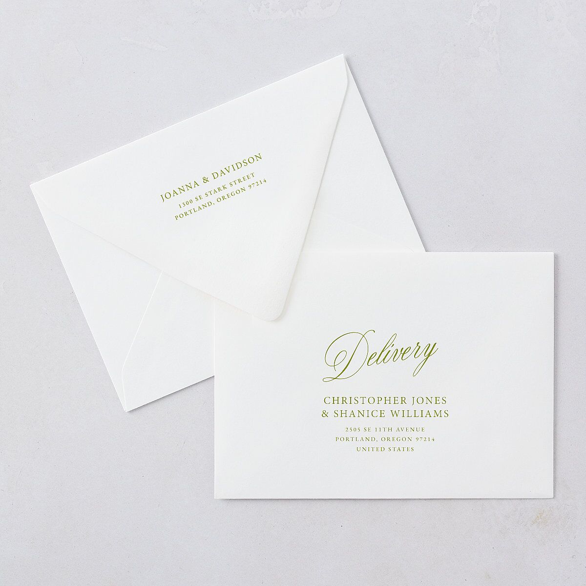 We're Getting Married Rehearsal Dinner Invitation Euro Envelopes Deep Olive White Both Recipient and Return Addresses Luxe Signature