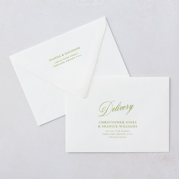 We're Getting Married Rehearsal Dinner Invitation Euro Envelopes Deep Olive White Both Recipient and Return Addresses Luxe Signature