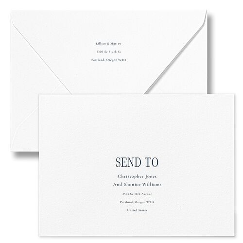 Classically Editorial Save The Date Card Euro Envelopes Ink Blue White Return Address Luxe Signature