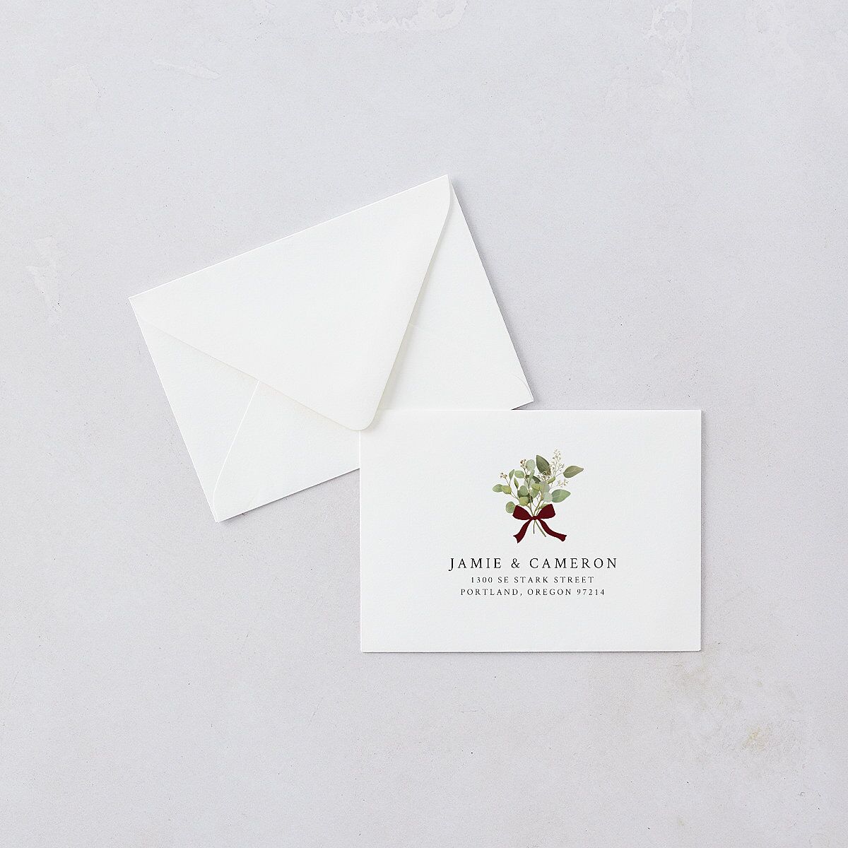 Elegant Eucalyptus Christmas Foil Response Card Euro Envelopes White Licorice Return Address Luxe