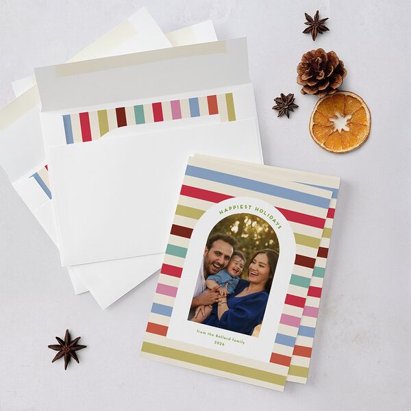 Eclectic Vintage Stripe Arch Holiday Cards Linen Signature Blank Portrait Standard