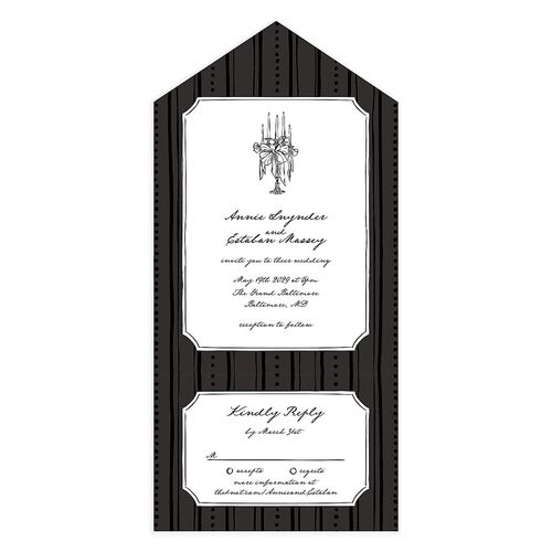 Vintage Candelabra with Bow All-in-One Wedding Invitations Charcoal Signature Light Both Recipient and Return Addresses No