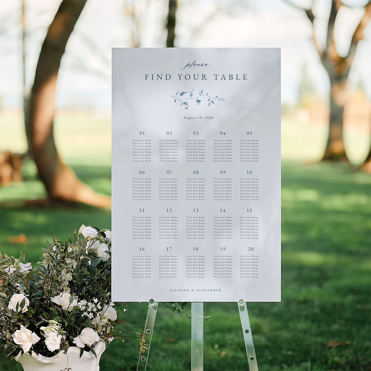 Timeless Floral Standard Seating Chart Large Dusty Blue Standard Indoor Foam Core L Seating