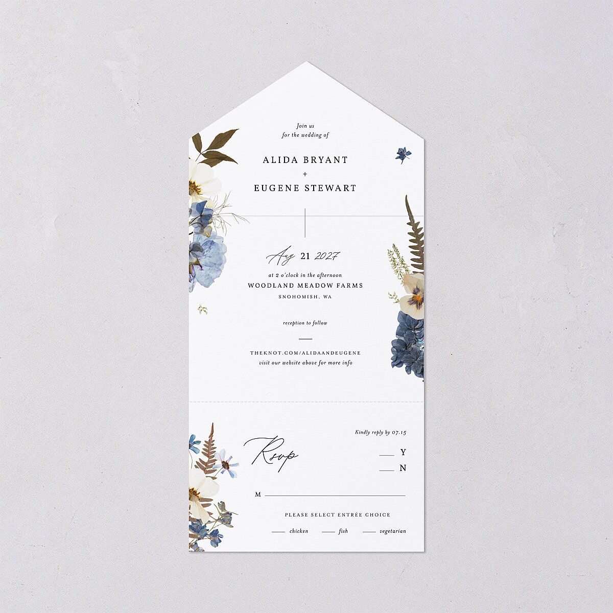 Pressed Flowers All-in-One Wedding Invitations Regency Blue Signature Light Both Recipient and Return Addresses No