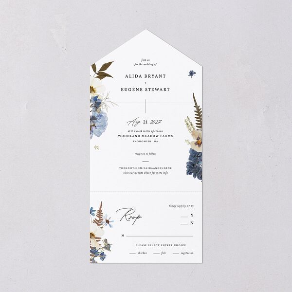 Pressed Flowers All-in-One Wedding Invitations Regency Blue Signature Light Both Recipient and Return Addresses No