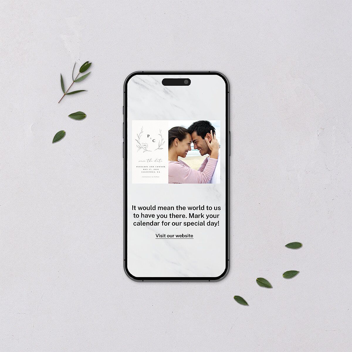 Graceful Botanical Digital Save the Date Cards Shadow Gray Dusty Blue Lets Celebrate Standard