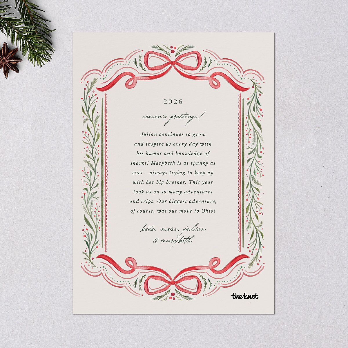 Whimsical Holiday Bow with Garland Holiday Cards Ruby Signature Blank Portrait Standard