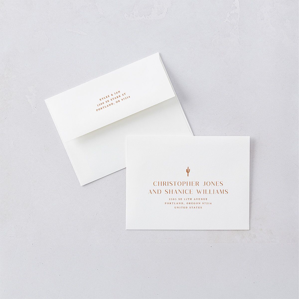Western Desert Cactus Save the Date Petite Card Envelopes Terracotta White Both Recipient and Return Addresses Signature Standard