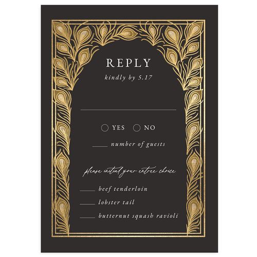 Peacock Nouveau Wedding Response Cards Gold Charcoal Signature Standard