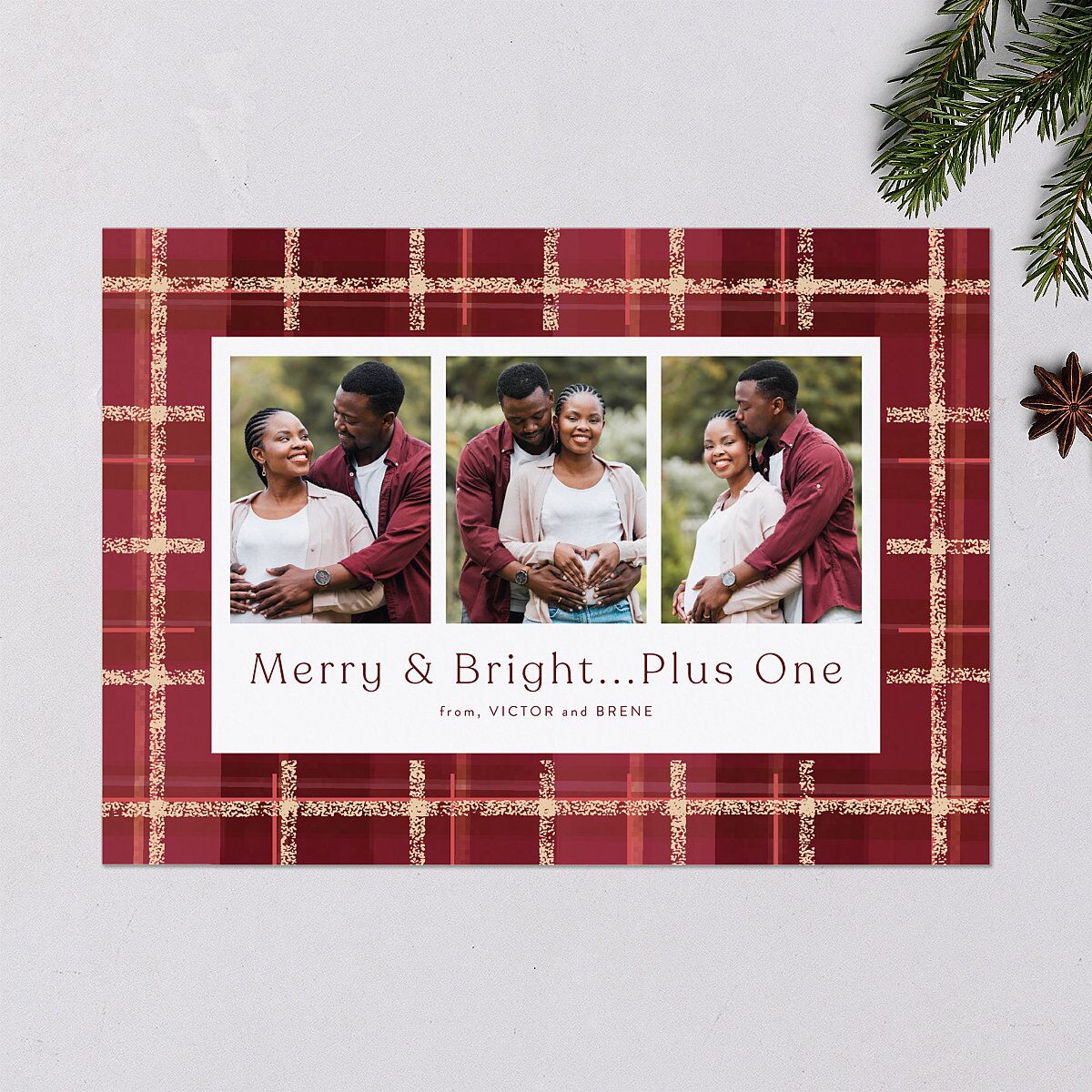 Merry and Bright Plus One Plaid Pattern Holiday Cards Burgundy Signature Blank Standard Portrait