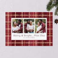 Merry and Bright Plus One Plaid Pattern Holiday Cards Burgundy Signature Blank Standard Portrait