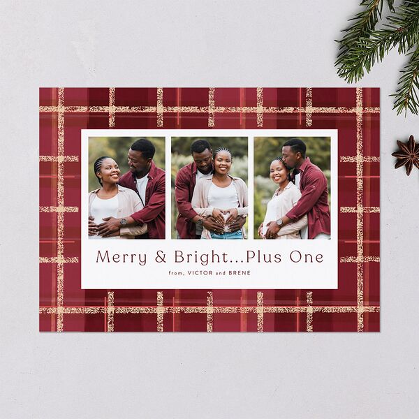 Merry and Bright Plus One Plaid Pattern Holiday Cards Burgundy Signature Blank Standard Portrait