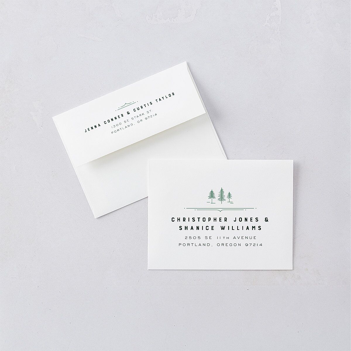 Iconic Mountain Save the Date Petite Card Envelopes White Dark Green Both Recipient and Return Addresses Signature Standard