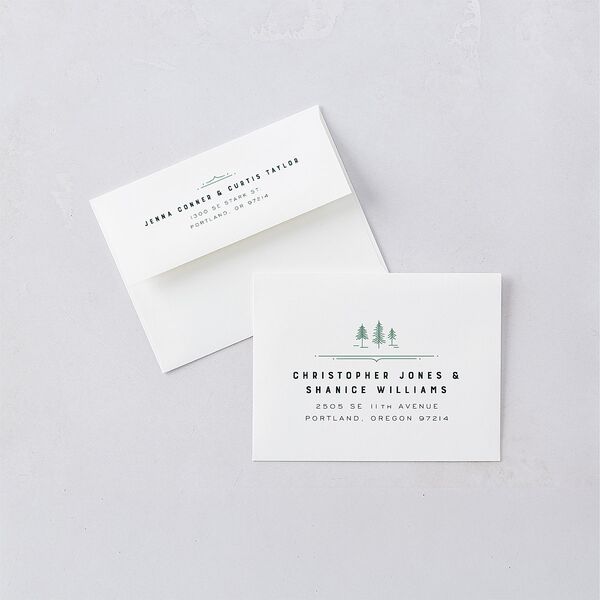 Iconic Mountain Save the Date Petite Card Envelopes White Dark Green Both Recipient and Return Addresses Signature Standard