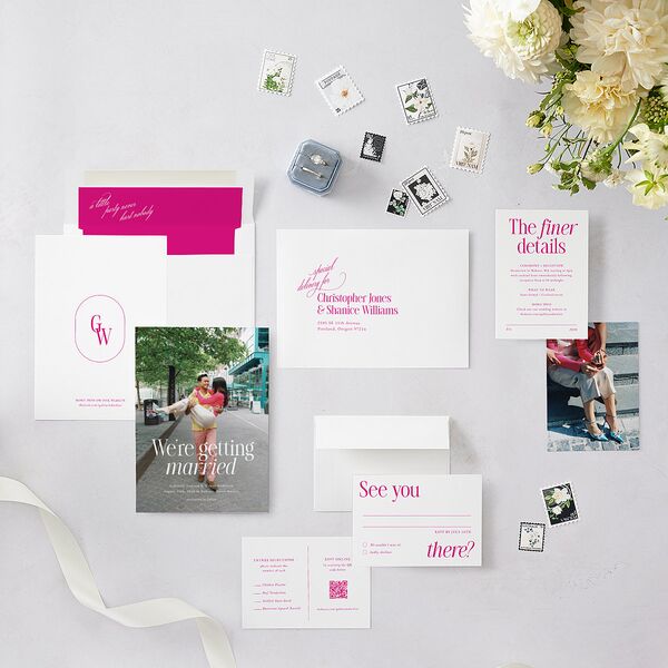 Stay For The Party Save the Date Cards Hot Pink Signature smooth Blank No Standard