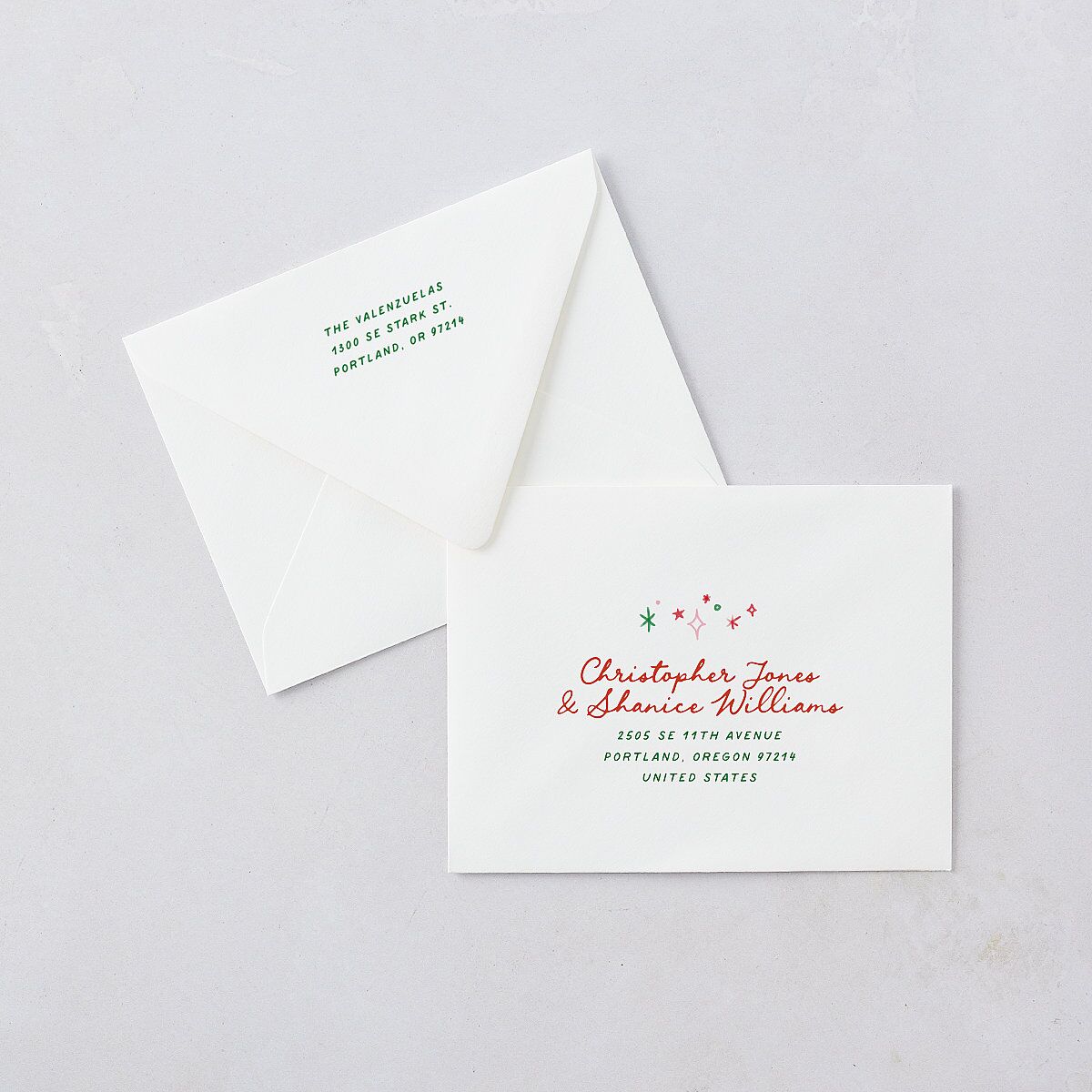 Whimsical Painted Holiday Border Thank You Card Euro Envelopes White Scarlet Both Recipient and Return Addresses Luxe Signature
