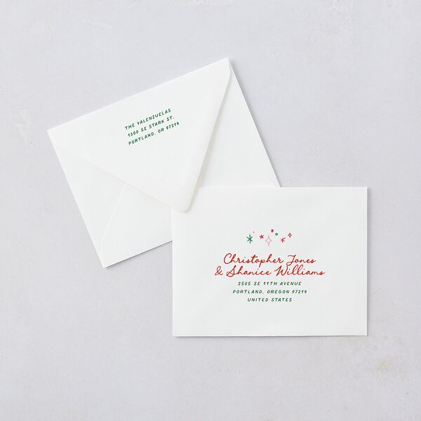 Whimsical Painted Holiday Border Thank You Card Euro Envelopes White Scarlet Both Recipient and Return Addresses Luxe Signature