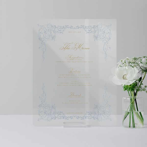 Romantic Rococo Acrylic Menu Tabletop Sign Small Dusty Blue Standard Acrylic S Tabletop Menu