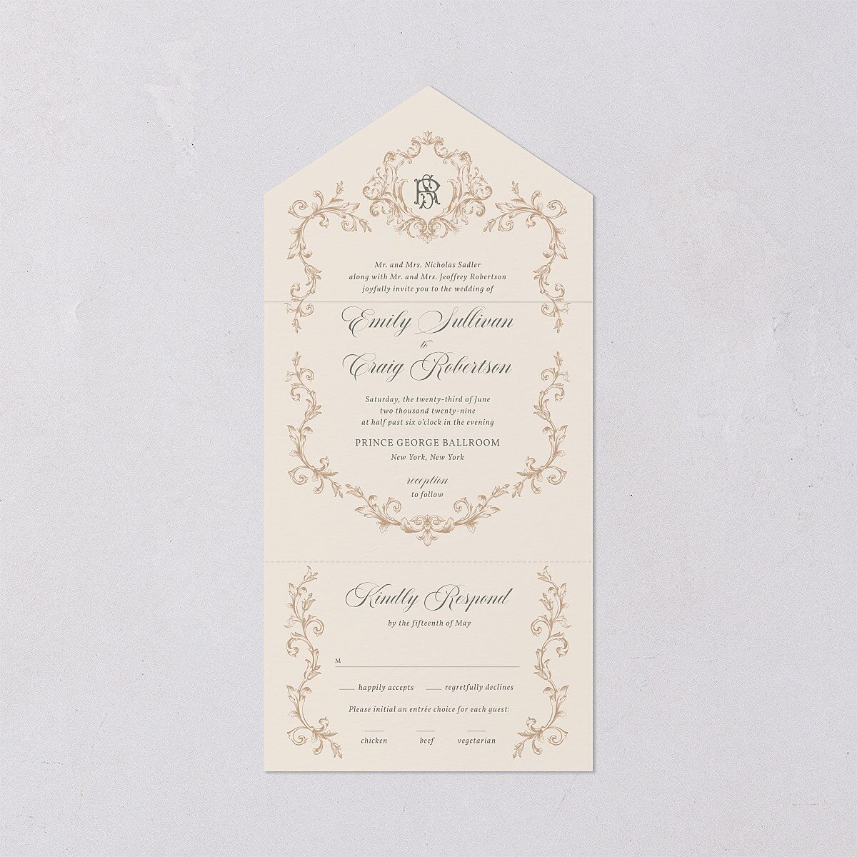 Vintage Regency Monogram Frame Foil All-in-One Wedding Invitations Champagne Signature Light Both Recipient and Return Addresses No