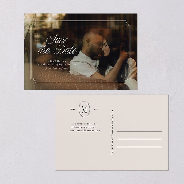 Elegant Oval Monogram Save the Date Postcards Sand