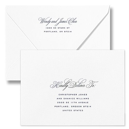 Classic Joyful Greeting Holiday Card Euro Envelopes White Navy Return Address Luxe Signature
