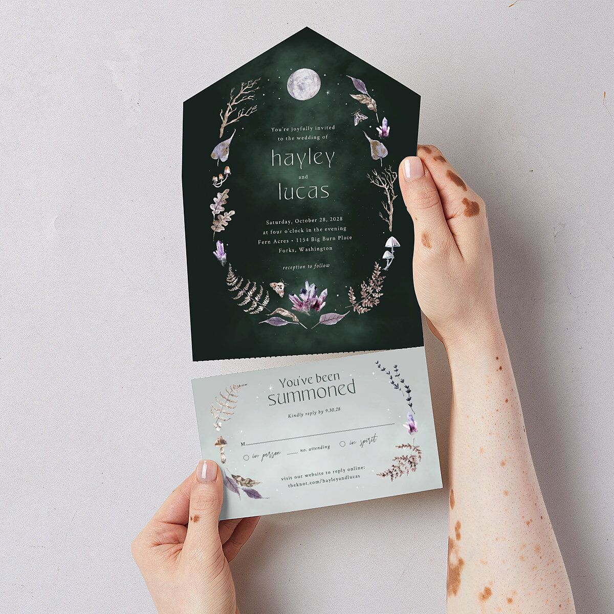 Crystal Forest All-in-One Wedding Invitations Hunter Green Signature Light Both Recipient and Return Addresses No