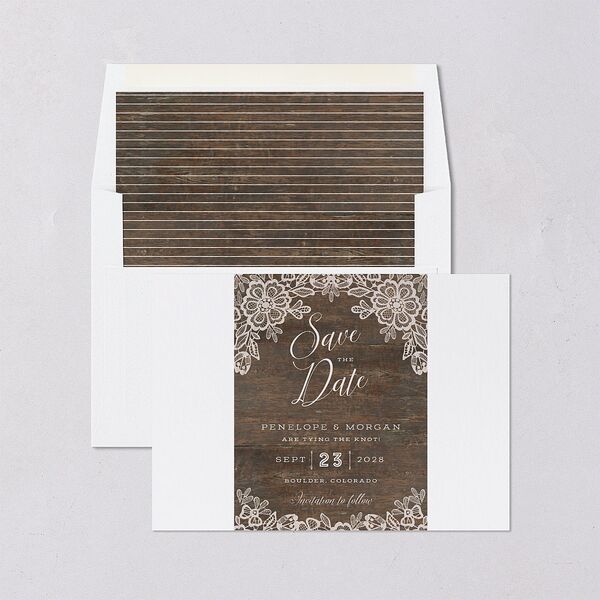 Woodgrain Lace Save The Date Cards Falcon Signature smooth Blank No