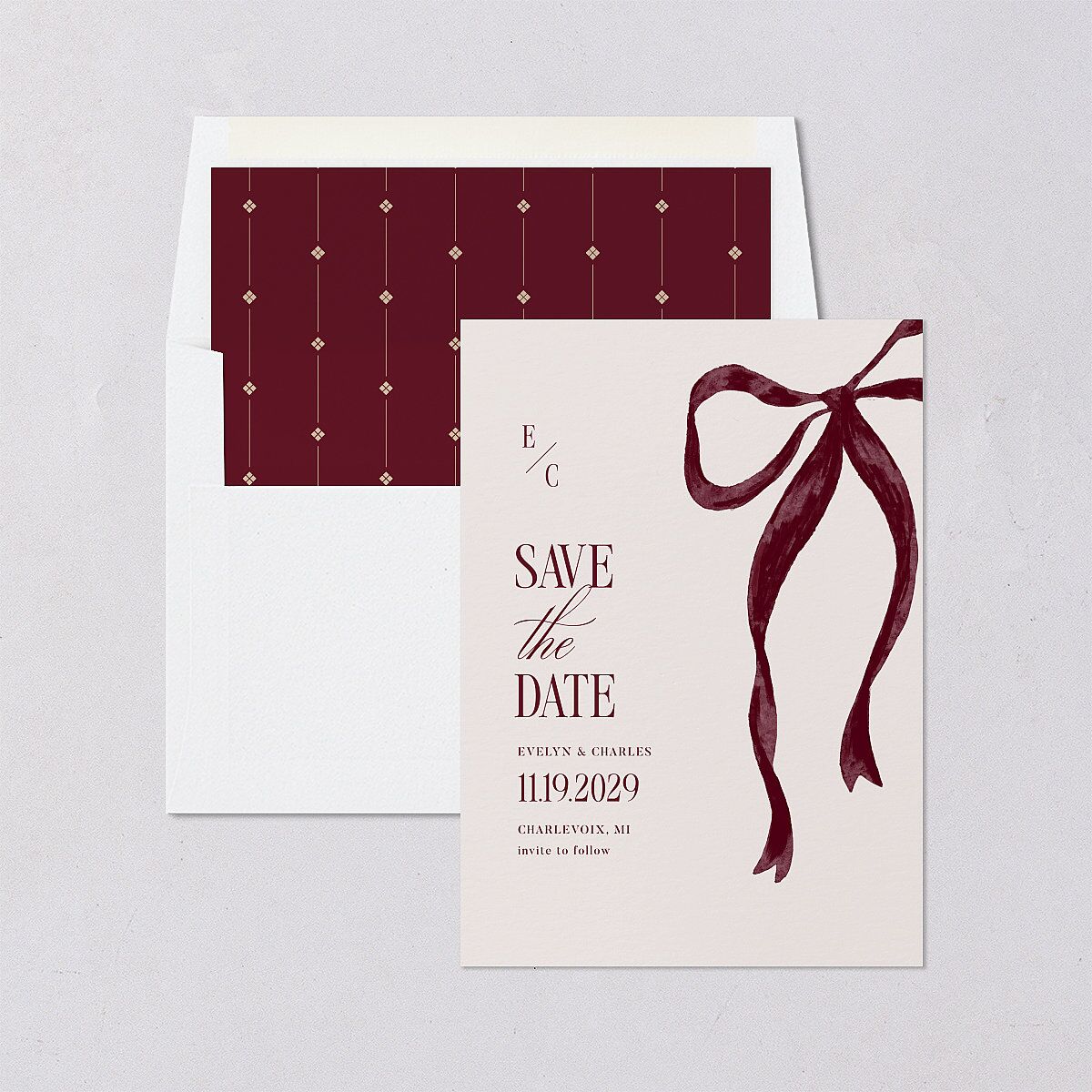 Whimsical Hand Drawn Bow Save the Date Cards Burgundy Signature smooth Blank No Standard