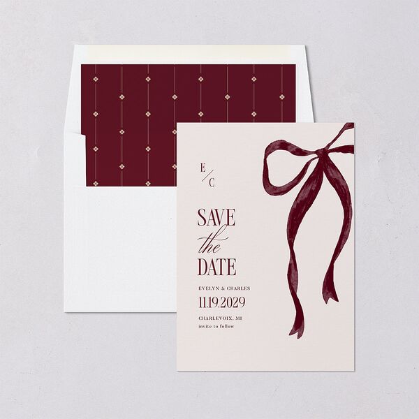 Whimsical Hand Drawn Bow Save the Date Cards Burgundy Signature smooth Blank No Standard
