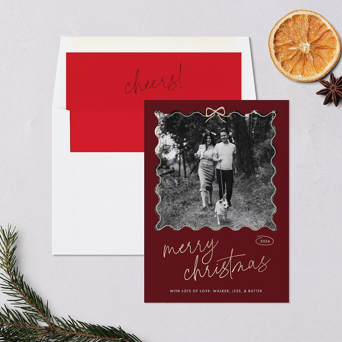 Wavy Bow Frame Foil Holiday Cards Gold Jewel Red Signature Blank Standard Portrait