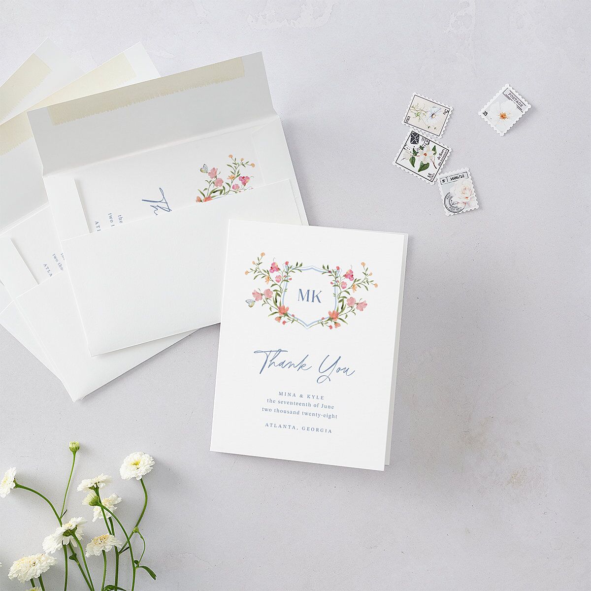 Fairytale Wildflower Crest Thank You Cards Pure White