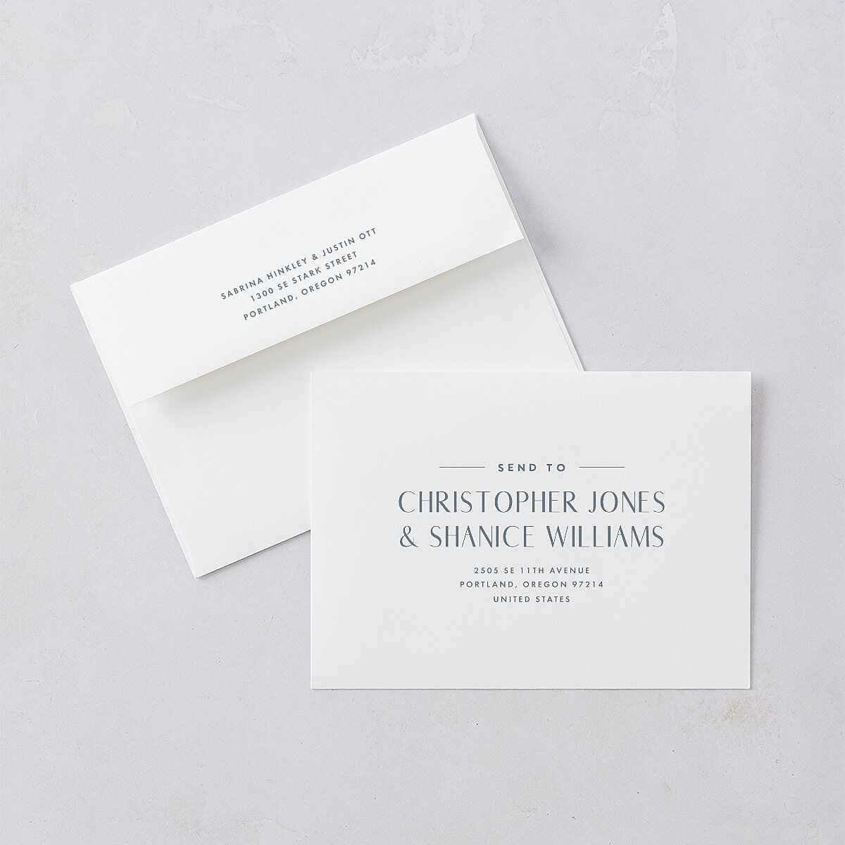Destination Photo Poster Wedding Invitation Envelopes Dusty Blue White Both Recipient and Return Addresses Standard Signature