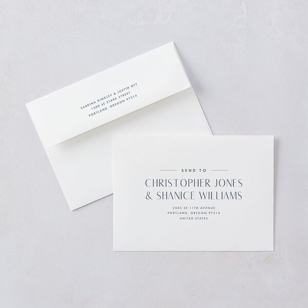 Destination Photo Poster Wedding Invitation Envelopes Dusty Blue White Both Recipient and Return Addresses Standard Signature