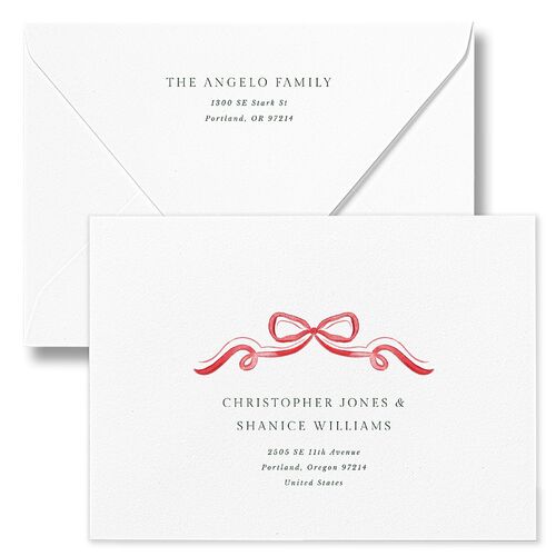 Baby's First Christmas Bow Garland Holiday Card Euro Envelopes White Ruby Both Recipient and Return Addresses Luxe Signature