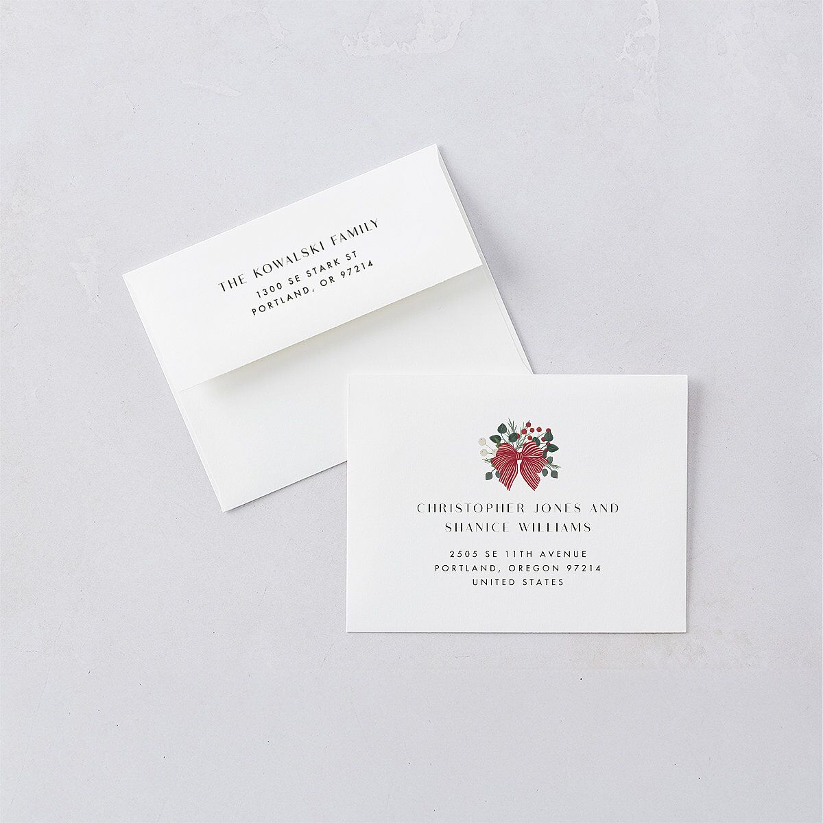 Rustic Holiday Foliage with Bow Thank You Card Envelopes White Hunter Green Both Recipient and Return Addresses Signature Standard